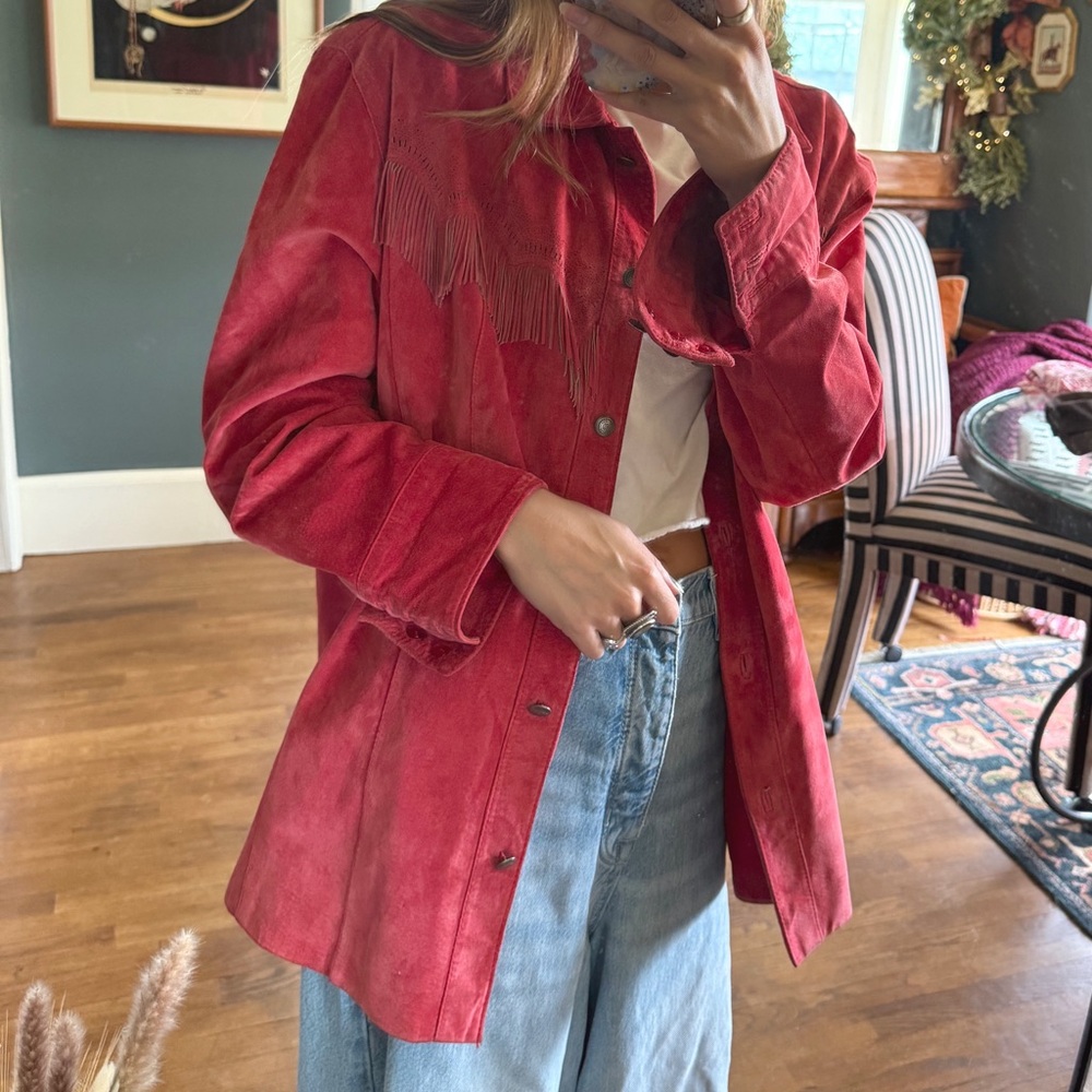 Chico’s western Vermillion Suede Fringed Jacket coral pink sz 3 - Picture 6 of 16